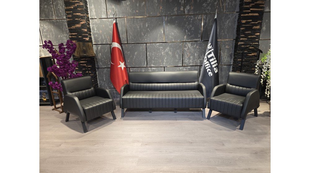 Tilia V modern ofis koltuk takımı; antrasit gri renkli, bir adet üçlü kanepe ve iki adet tekli koltuktan oluşan bekleme grubu.